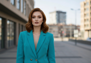 Młoda kobieta w turkusowej marynarce na tle miejskiego rozmytego krajobrazu w naturalnym świetle