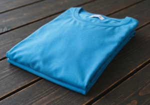 Składana koszulka na drewnianym blacie w naturalnym świetle, widoczna struktura tkaniny.