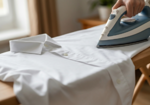 Biała koszula na desce do prasowania, prasowana parowym żelazkiem w jasnym, przytulnym wnętrzu.