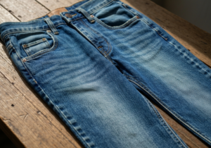 Klasyczne niebieskie jeansy leżące na drewnianej powierzchni z wyraźnym detalem szwów i faktury materiału