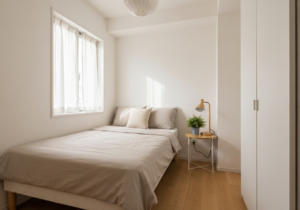 Minimalistyczna sypialnia z jasnym naturalnym światłem, białymi ścianami, drewnianą podłogą i rośliną doniczkową