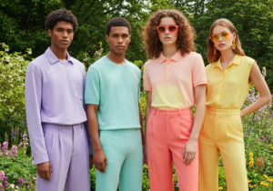 Grupa młodych osób w kolorowych, modnych ubraniach stoi w ogrodzie pełnym kwiatów i zieleni