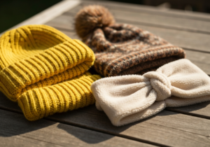 Zbliżenie różnych zimowych czapek na drewnianym stole, skupienie na fakturze wełny i polaru