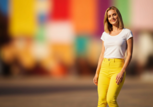 Osoba w jasnych żółtych spodniach na tle rozmytej zieleni w naturalnym świetle słonecznym.