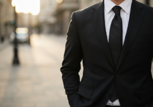 Mężczyzna w czarnym garniturze, białej koszuli i czarnym krawacie w miejskim otoczeniu oświetlonym światłem naturalnym.