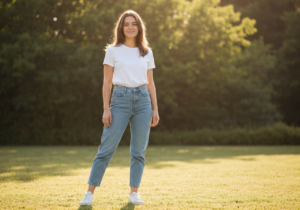 Młoda kobieta w białej koszulce i jasnych jeansach na tle rozmytej zieleni w naturalnym świetle.