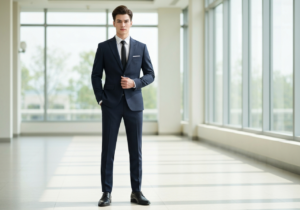 Młody mężczyzna w granatowym garniturze i czarnym krawacie stoi pewnie w nowoczesnym, jasnym korytarzu